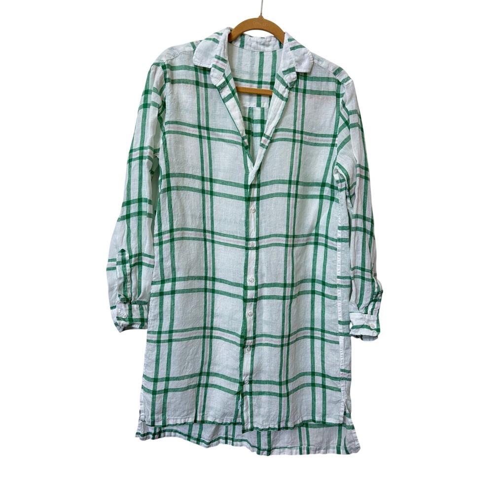 Frank & Eileen Hunter Step Hem Shirt Dress Green White Plaid Linen Womens